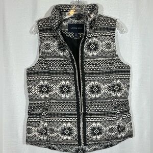 Down Vest Lands' End Fair Isle Snowflake Print Full Zip Black White Size S EUC